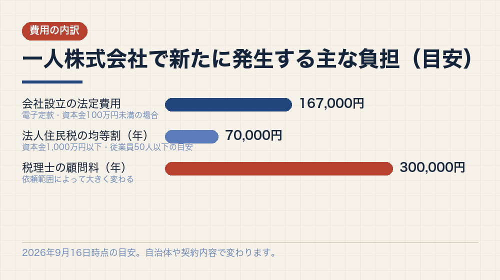 一人株式会社で新たに発生する主な負担（目安）