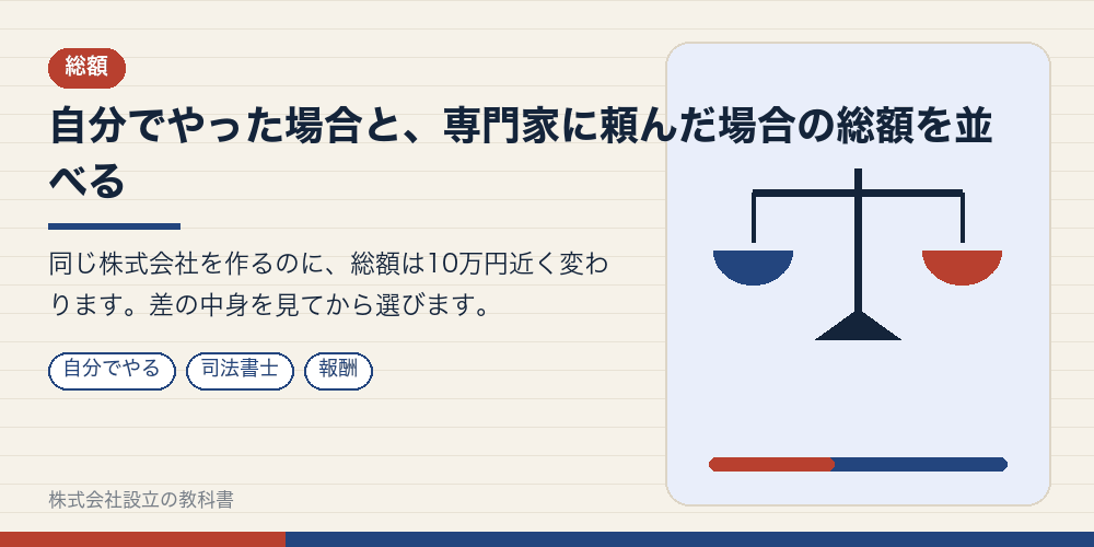 自分でやった場合と、専門家に頼んだ場合の総額を並べる