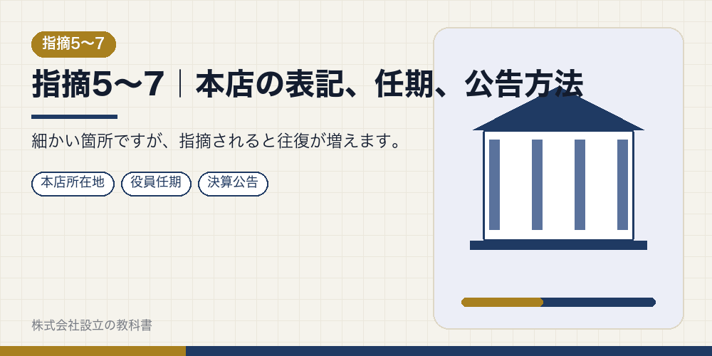 指摘5〜7|本店の表記、任期、公告方法