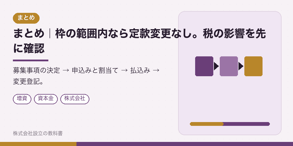 まとめ｜枠の範囲内なら定款変更なし。税の影響を先に確認
